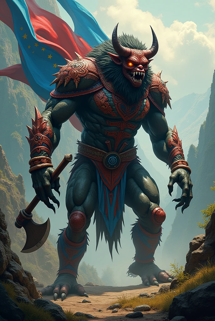 Generates a monster based on Guatemala with its culture as a weapon an axe and with the Guatemalan flag a large monster