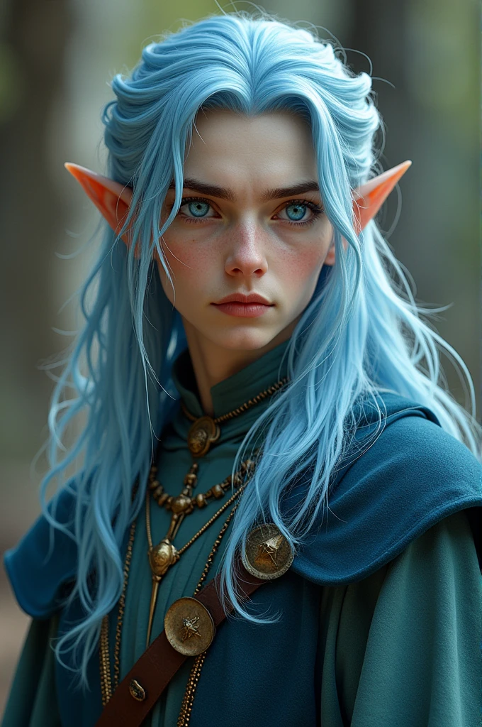 An effeminate young elven man with long light blue hair, medieval clothes, blue eyes, and scales.