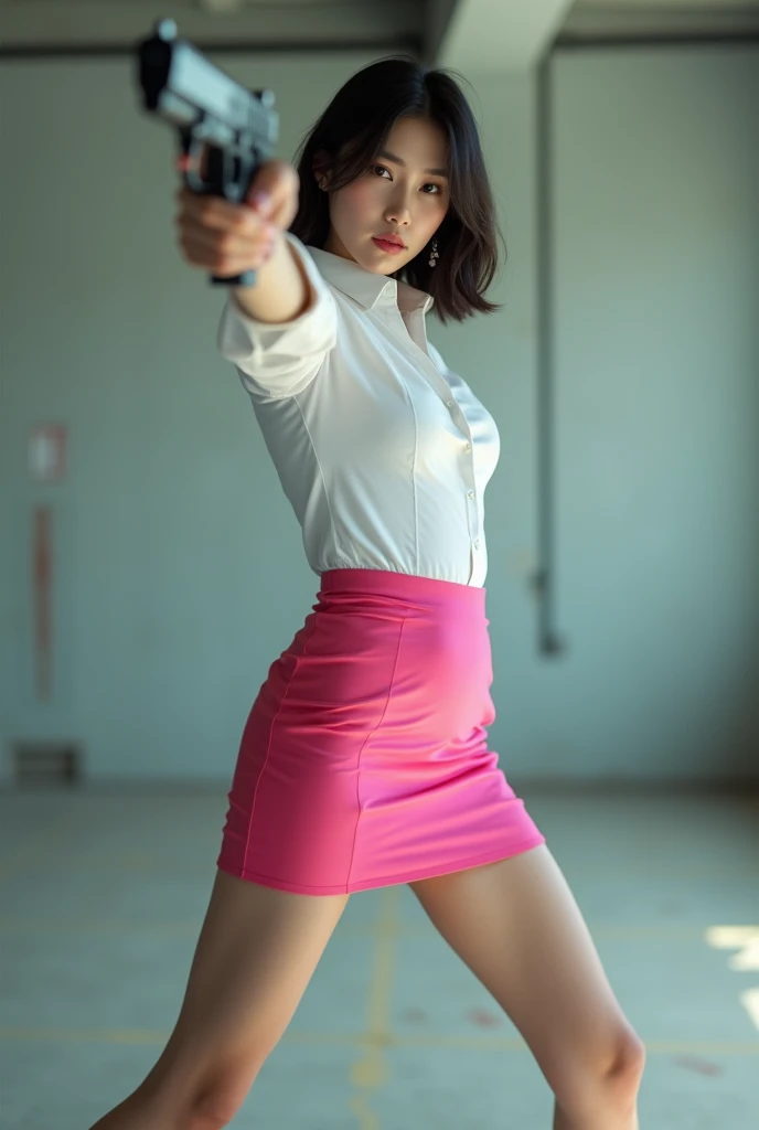 camera back view facing real person eyes open realistic beautiful korean office lady white shirt tight mini skirt satin pink colour stance legs open spreading arms straighten full portrait gun sexy legs aiming target pointing at you firing indoor shooting range