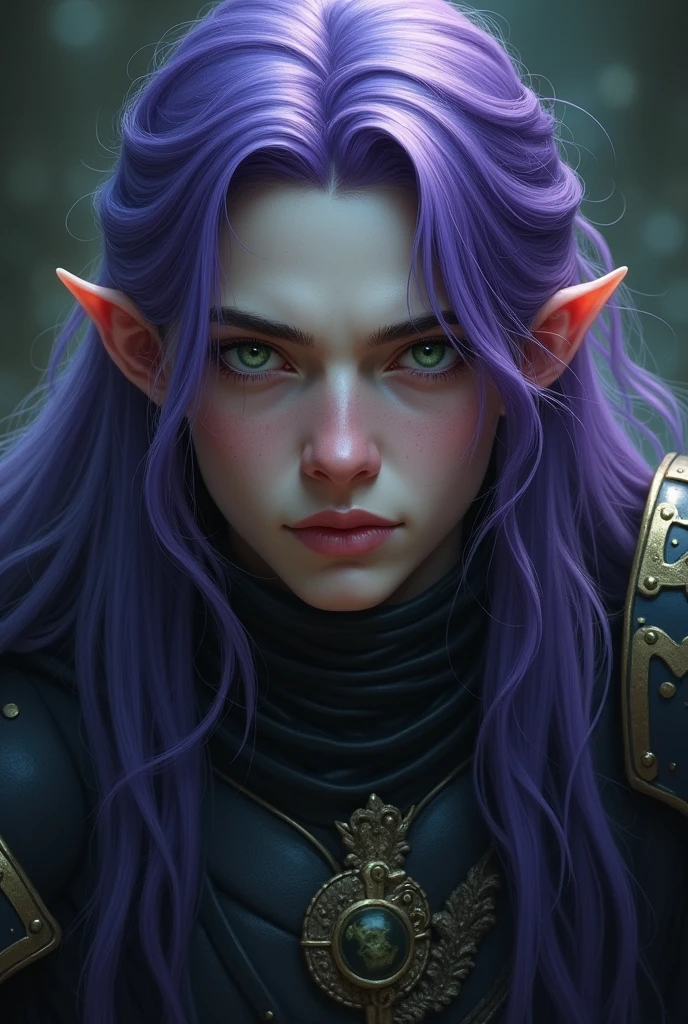 Young male, pale, purple long hair, serious , dark clothing , armor , green eyes