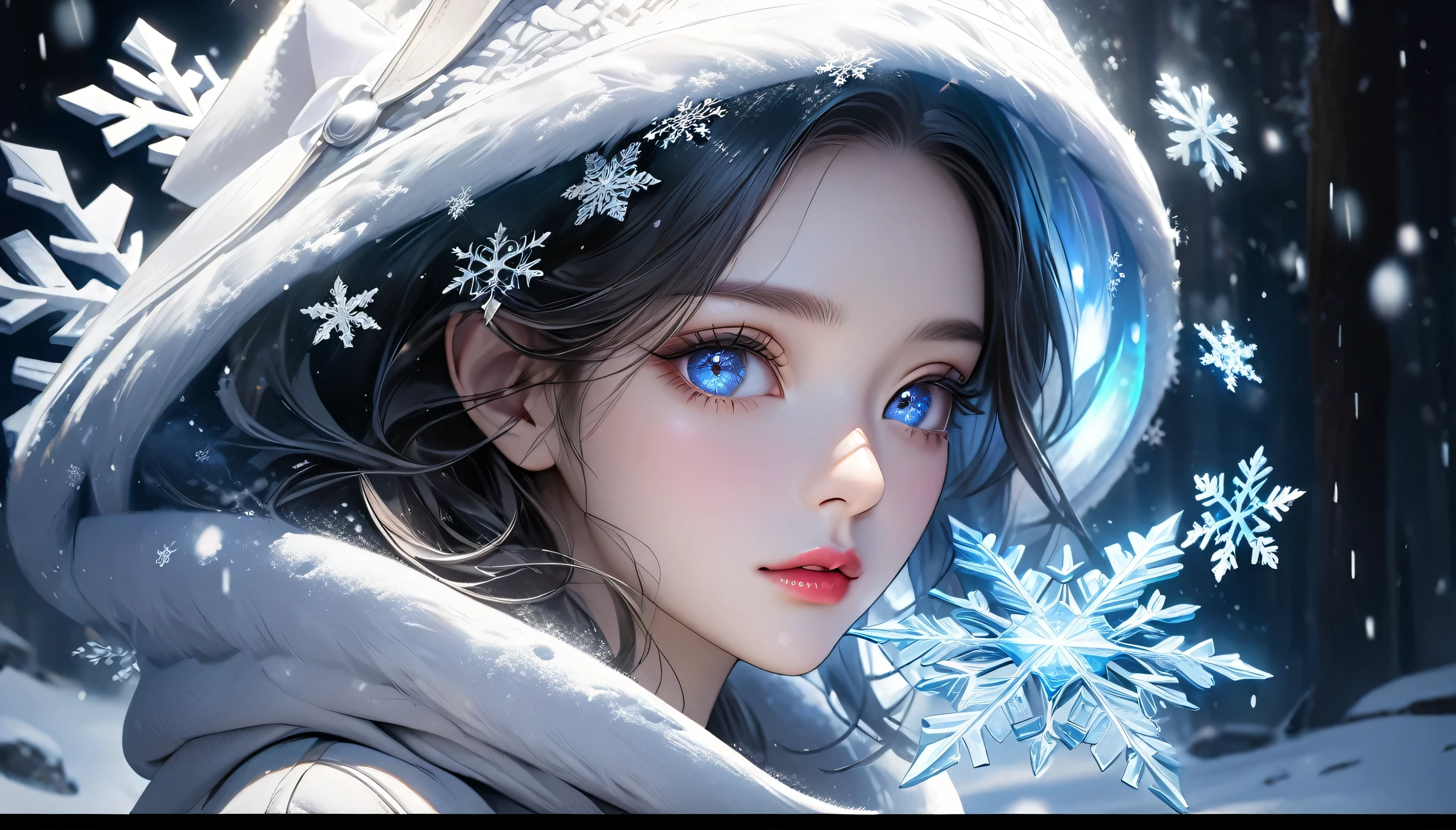 snowy landscape, dark canvas, Transparent sparkling snowflakes falling, Transparent holographic reflection, 눈송이로 이루어진 초realistic 풍경, Make viewers speechless, A beautiful world, 1 woman, detailed eyes, detailed lips, very detailed face, long eyelashes, Beautiful and detailed portrait, elegant, tranquil expression, winter, high quality, 8k, realistic, surrealism, studio lighting, Physically Based Rendering, vivid colors, movie lights, dramatic lighting, soft lighting, dramatic contrast, Glowing snowflakes, icy, winter 왕국, cold, obvious, ethereal, dreamlike, occult, magical, fancy, concept art
