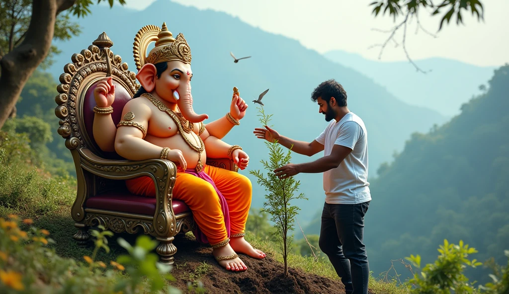 High quality ultra HD image of Lord Ganesha blessing with his front right hand to Indian man. Lord ganesha is seating on sinhasan. Indian Man is planting tree and he has wear white sky blue tshirt with black jeans track pant. Natural background with mountains of mahabaleshwar, many trees and many birds flying on sky. one mouse and one large elephant near lord Ganesha. Lord Ganesha is very happy and smiling.
