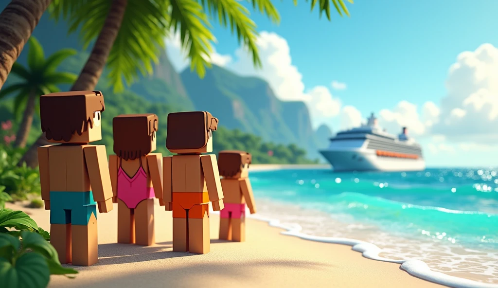 Minecraft characters in swimsuits playing on a tropical beach with palm trees Nature only on the right side of the image and on the left side the characters with your back to the camera looking at the horizon of the beach and a cruise in the background