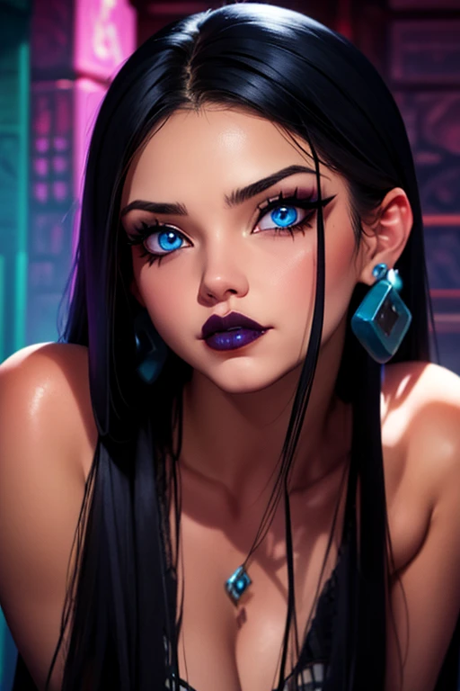 Bad ass, cute face and perverted look wiewer ,long hair, makeup gothic, blue eyes, black nail paint nsfw 