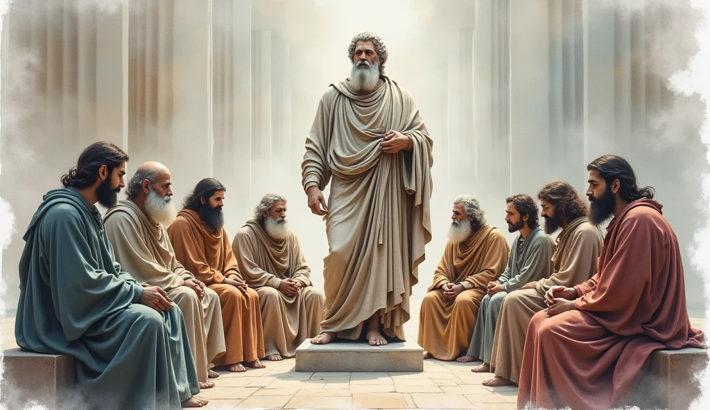 watercolor art of a stoicism group, motivation, stoic marble statue, Calm, sitting down, mantea, long beard, aged up, whole body, hyperrealisti, 8k, incredible, comely, frightful,