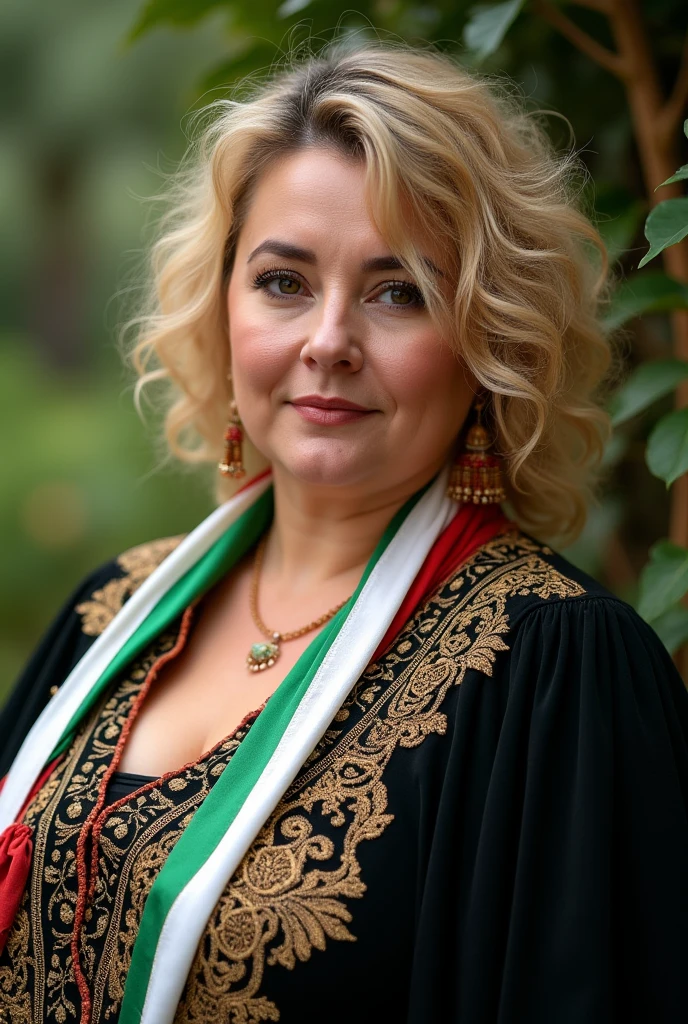 Close up, woman, plump, blonde, wearing, black Algerian caftan, decorated with gold threads, with colorful scarf in the colors of the Algerian flag white, green and red, green natural background, 
