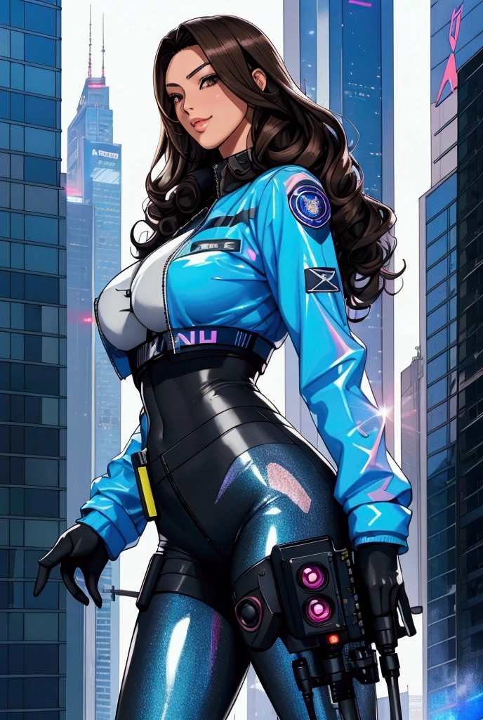  manhwa , (pretty girl, 2, brunette, black eyes) at cyberpunk world dressed as futuristic law enforcer, (full lips) , ((perfect face)), [[mild smile]], proportionate body,mixed herritage, beautyfull, beautyfull face, tanned skin, two arms, two legs, five fingers by hand, (curly black long hair), ( holographic screen floating at air), (night) night skyline, neon, people, (lasergun), futuristic gun, goggles, futuristic police stuff, jacket, badass, [cyborgs], (drone at background), police chopter at background, screens at buildings side, [photo taken from behind], (award winning photo), (instagram influencer photo), (realistic), nikon, canon, Sigma 85mm f/8cel shading, 
