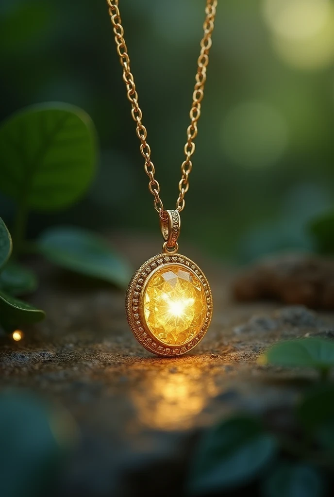 Magical gold necklace with a tiny, shiny stone inside.