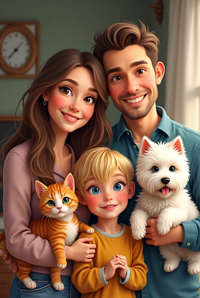family: Mom 40 years old blonde with brown eyes, Dad 40 years old very short brown hair, Brown eyes, daughter long brown hair, Brown eyes, blond blue eyed son with 1 orange tabby kitten and a white westie dog
