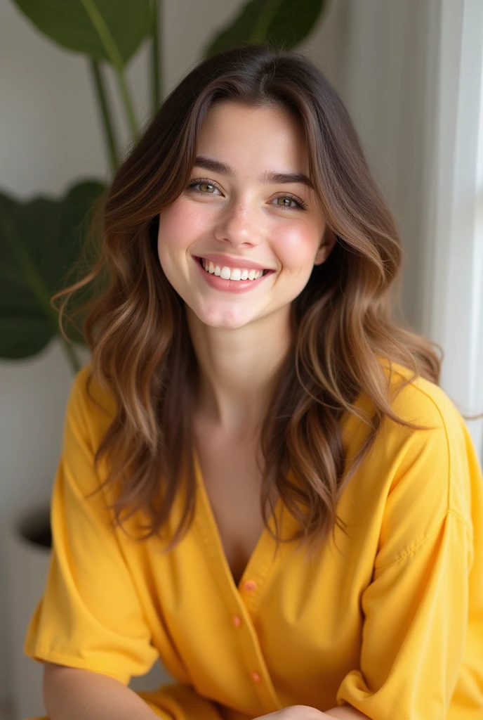 Brunette woman sitting smiling in yellow clothes