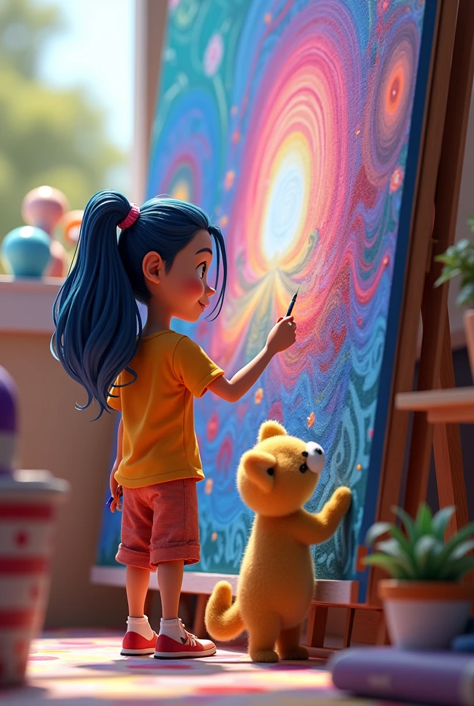 ."Image 3: Luna and Max working on the muralPrompt: "Desenho 3d de Luna e Max trabalhando em um grande mural vibrante. Luna is painting the mural with brushes and colorful paints, while Max watches and helps. The mural is starting to take shape, with vivid colors and images that reflect an emotional journey."Disney,pixar,animation,3d 