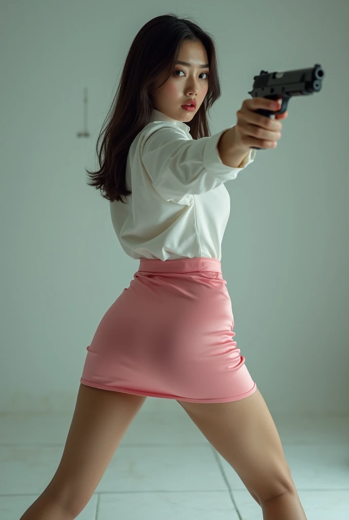 camera back view facing real person eyes open realistic beautiful korean office lady white shirt tight mini skirt satin pink colour stance legs open spreading arms straighten full portrait gun sexy legs aiming target pointing at you firing indoor shooting range