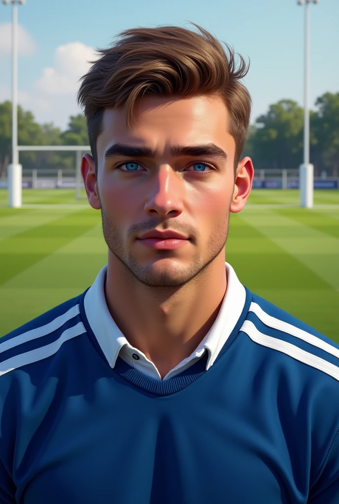 Realistic drawing of an extremely handsome 1 young man, fit, of Brown hair, very blue eyes, clean face, with a blue sweatshirt with a collar and white stripes, on a rugby field