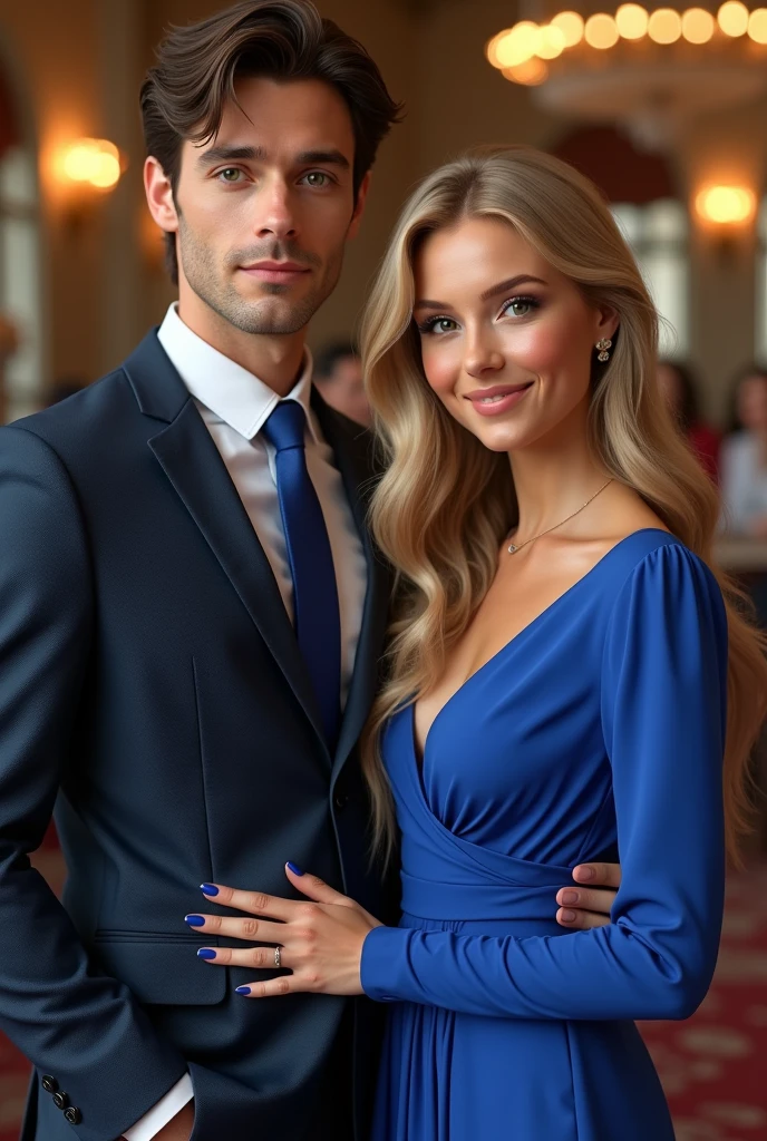 (Photorealism:1.2), man in a suit with a blue tie dark brown hair brown eyes and a woman with blonde green eyes long hair wearing a blue dress e unhas pintadas de azul at an elegant sorrindo 8k ultra realistic photorealistic super detailed the best possible