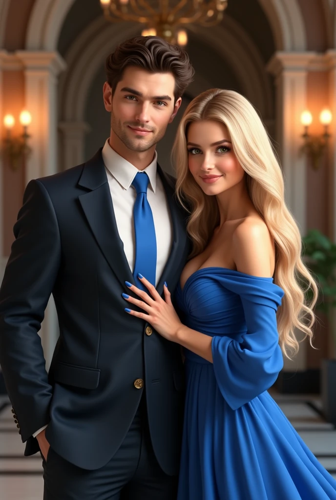 (Photorealism:1.2), man in a suit with a blue tie dark brown hair brown eyes and a woman with blonde green eyes long hair wearing a blue dress e unhas pintadas de azul at an elegant sorrindo 8k ultra realistic photorealistic super detailed the best possible