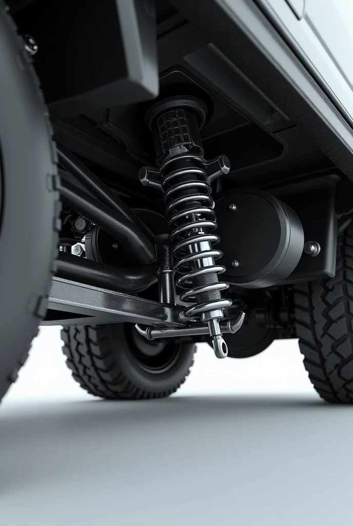 Generates a vertical image of 1,080 x 1,920 px. Where you can see the suspension parts of a truck, focusing on the vehicle mounted shock absorber. Let the image be black and white with a realistic but sophisticated approach. Let the angle of the image be seen from below
