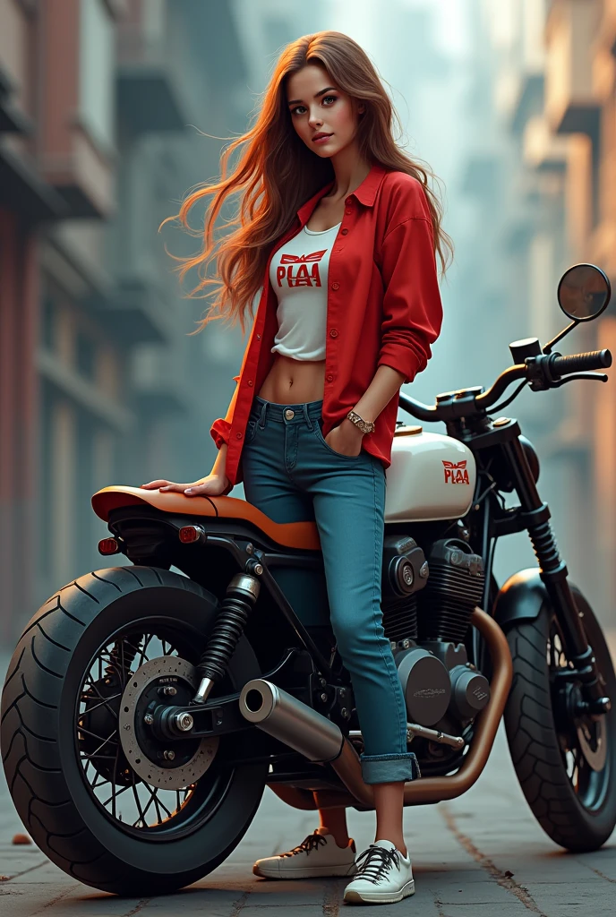  Girl have long hair  posing with bake named ( jawa bobber 42 ) and wear  red shirt printed ( piaa ) on ot  and blue jeans 