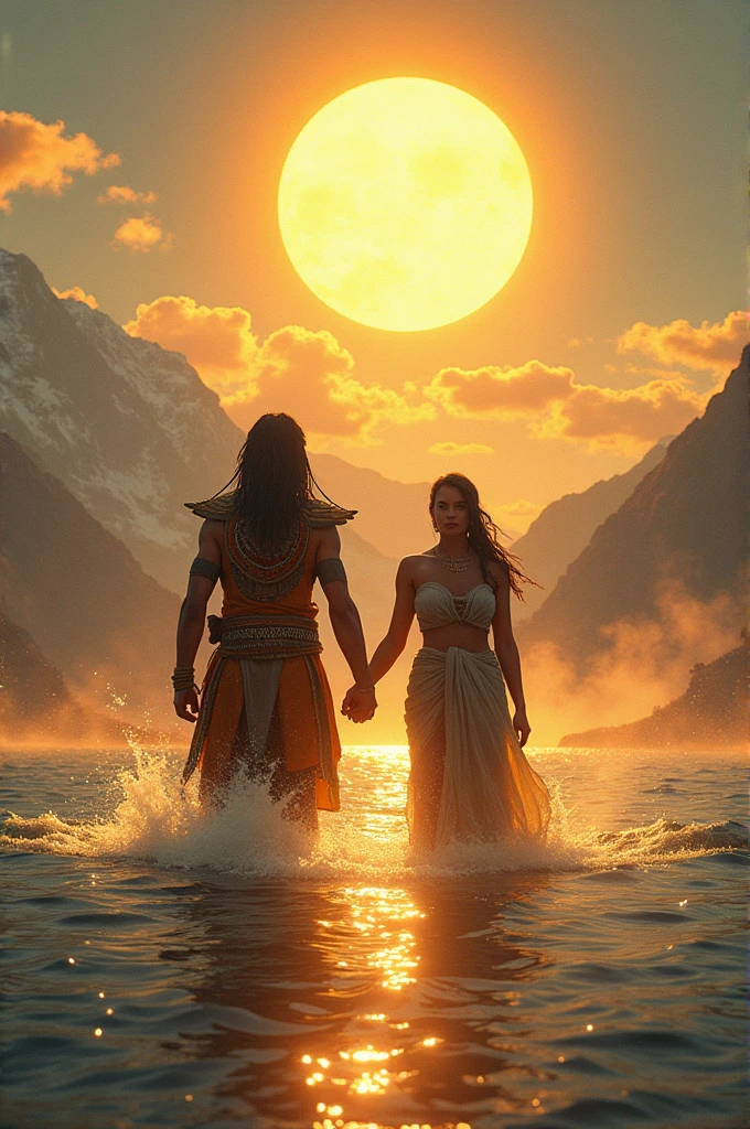 El Dios ínti sol envía a Manco Cápac y Mother Ocllo desde el lago Titicaca. Both emerge from the waters shining in the sunlight..
Dialogue: Mother Ocllo: “Father Sun has given us a mission. We must find the place where we can found a great empire!”