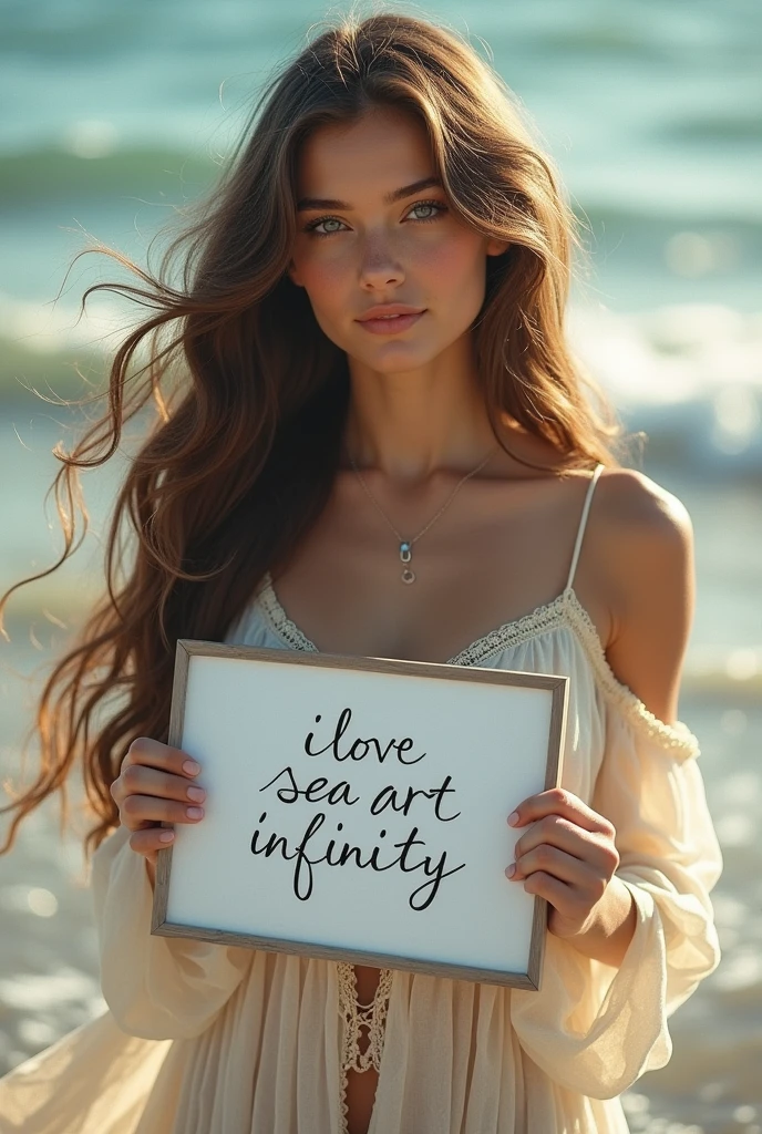 Beautiful girl with wavy long hair, bohemian dress, holding a white board with text "I Love Seaart Infinity" and showing it to the viewer