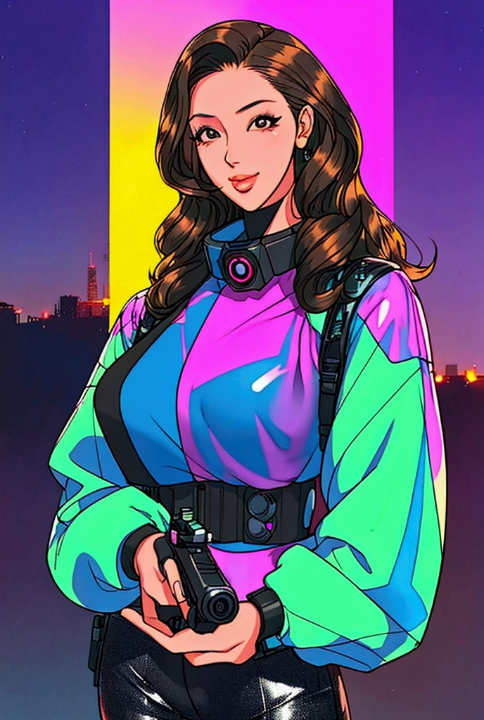  manhwa , (pretty girl, 2, brunette, black eyes) at cyberpunk world dressed as futuristic law enforcer, (full lips) , ((perfect face)), [[mild smile]], proportionate body,mixed herritage, beautyfull, beautyfull face, tanned skin, two arms, two legs, five fingers by hand, (curly black long hair), ( holographic screen floating at air), (night) night skyline, neon, people, (lasergun), futuristic gun, goggles, futuristic police stuff, jacket, badass, [cyborgs], (drone at background), police chopter at background, screens at buildings side, [photo taken from behind], (award winning photo), (instagram influencer photo), (realistic), nikon, canon, Sigma 85mm f/8cel shading, 
