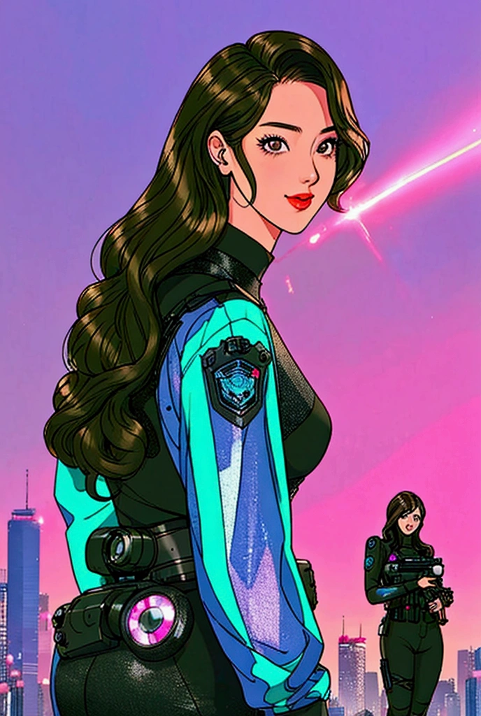  manhwa , (pretty girl, 2, brunette, black eyes) at cyberpunk world dressed as futuristic law enforcer, (full lips) , ((perfect face)), [[mild smile]], proportionate body,mixed herritage, beautyfull, beautyfull face, tanned skin, two arms, two legs, five fingers by hand, (curly black long hair), ( holographic screen floating at air), (night) night skyline, neon, people, (lasergun), futuristic gun, goggles, futuristic police stuff, jacket, badass, [cyborgs], (drone at background), police chopter at background, screens at buildings side, [photo taken from behind], (award winning photo), (instagram influencer photo), (realistic), nikon, canon, Sigma 85mm f/8cel shading, 
