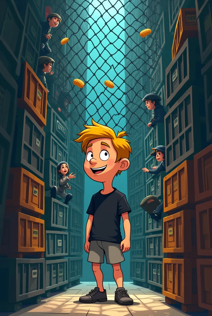 Petit homme envelopé blond, derriere un grillage et entourré de plein de caisses en plastique au fond d’un couloir, il est logisticien, tshirt noir et short gris, il est entourré de grillage pour proteger ses precieuses caisses, des gens le regarde de l’exterieur, ils lui lancent des cacahuetes, l’homme sifflote heureux dans sa cage d’acier
Mode cartoon