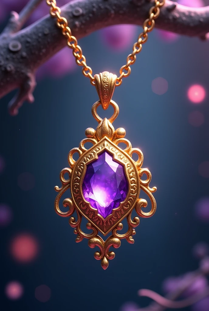 Magical gold necklace with a tiny, shiny violet stone inside.