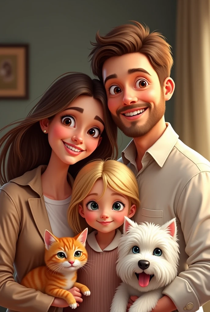 family: Mom 40 years old blonde with brown eyes, Dad 40 years old very short brown hair, Brown eyes, daughter long brown hair, Brown eyes, blond blue eyed son with 1 orange tabby kitten and a white westie dog