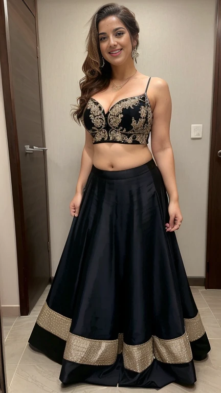 full curvy body photo of a sexy m3hr33n, hourglass figure, big breasts, deep cleavage, seductive, looking at viewer, smile, ponytail, black half embroidered lehenga,