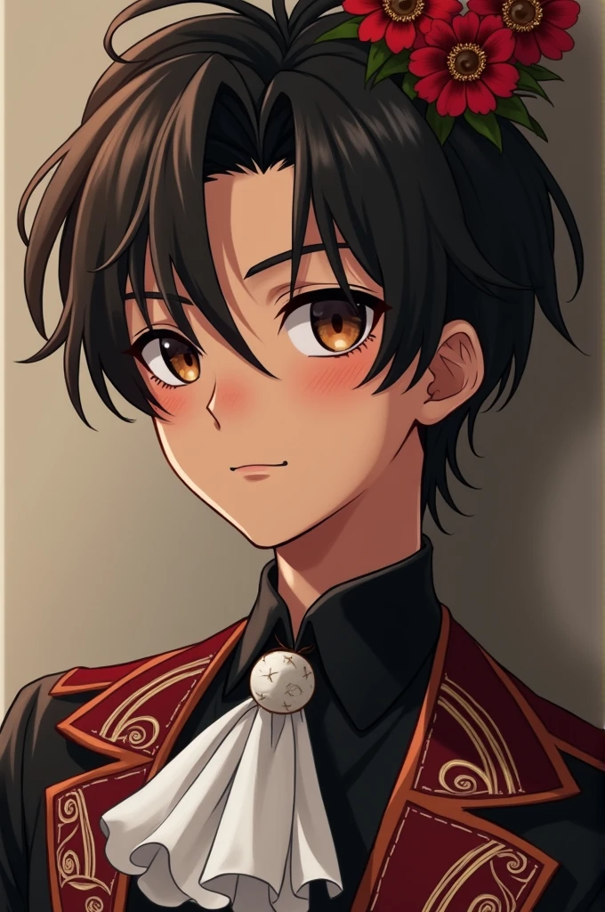 1 male teenager, Mexican complexion, shoulder hair, black color with loose chocolate brown strands, heterochromatic eyes, Chocolate and silver coffee, Mysterious Mariachi Costume, anime. 