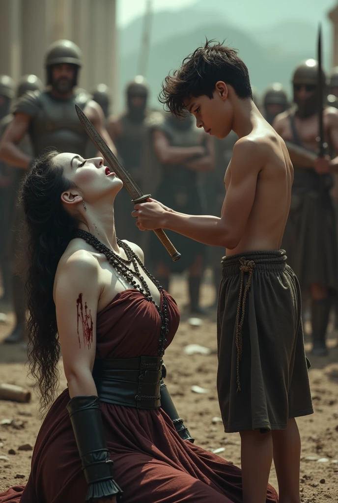 Realism, super quality, action photography style, a defeated woman kneels, her son () holds the tip of a sword to a woman's throat, knife stab in the throat, Her head is thrown back strongly.., the woman has a large manly Adam's apple, (woman - 30 year old warrior, throat slit, gothic makeup, pale skin, long hair) (son is ) ancient greece battle