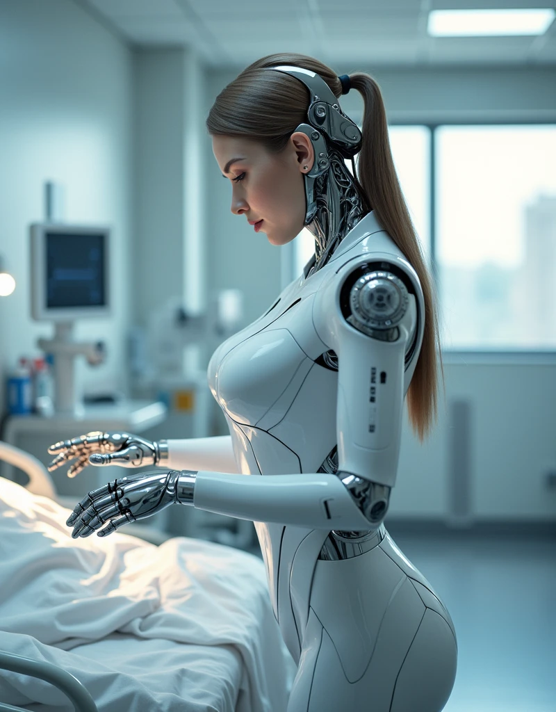 female robot nurse, big breasts, robot body, robot hands, wearing glove, taking care of patient in hospital room