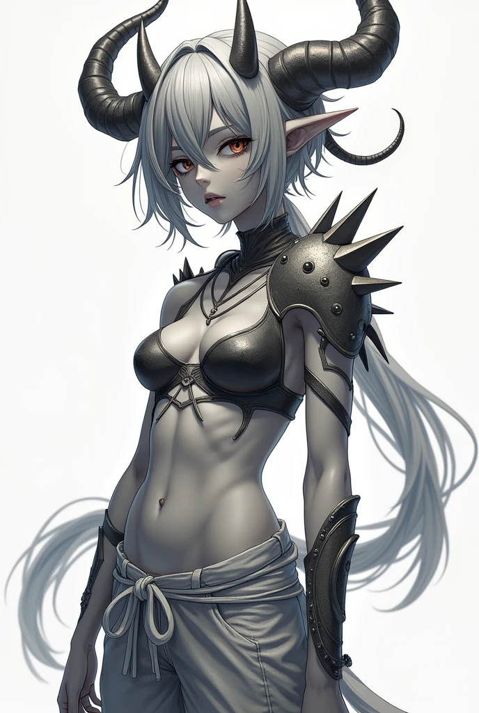 character, humanoid, female, horns all over the body, gray skin, ribbon on one of his shoulders, spikes in their hands, cotton pants with a ribbon at the waist, armor on your torso, athletic body, anime, White background