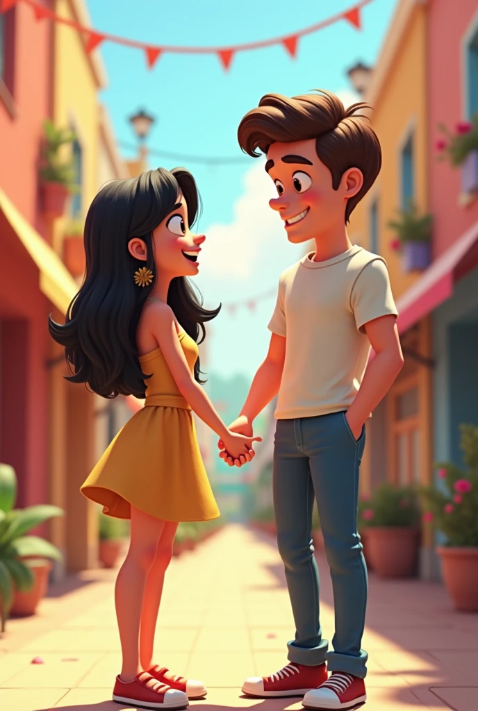 Hello, Can you help me generate an animated image of my boyfriend and I?, My boyfriend is white with brown hair, I am brunette with black hair. Make it animated like a cartoon