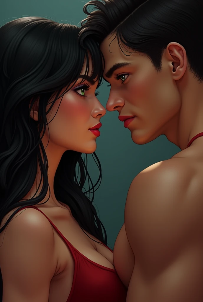 woman, 26 years, long black hair, blood red lips, green eyes, only body from the stomach up and a muscular young man with blue eyes and dark hair, 25 years, both look at each other passionately