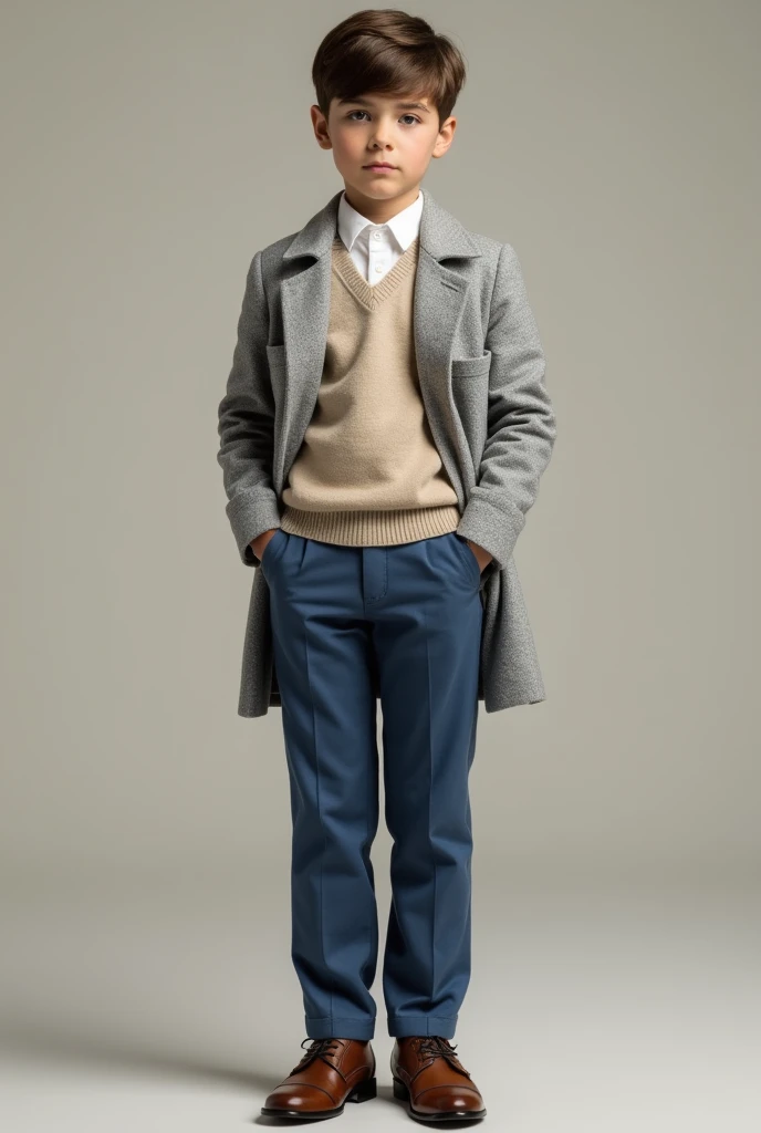 (realistic photo) boy in light grey coat, White shirt, Chompa beige, blue pants and shoes (elegant)