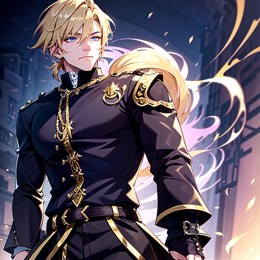 Anime attractive man, 20 year old, blonde hair, very very short ponytail, tall, muscular, solo, one person, dark blue gold-accented high-collared dress shirt with rolled up sleeves, black choker, dark blazer with gold lining and buttons unbuttoned with rolled up sleeves, long dark overcoat with a fur trim, rolled up sleeves, rolled up sleeves, rolled up sleeves, rolled up sleeves muscular, masculine face, smirk