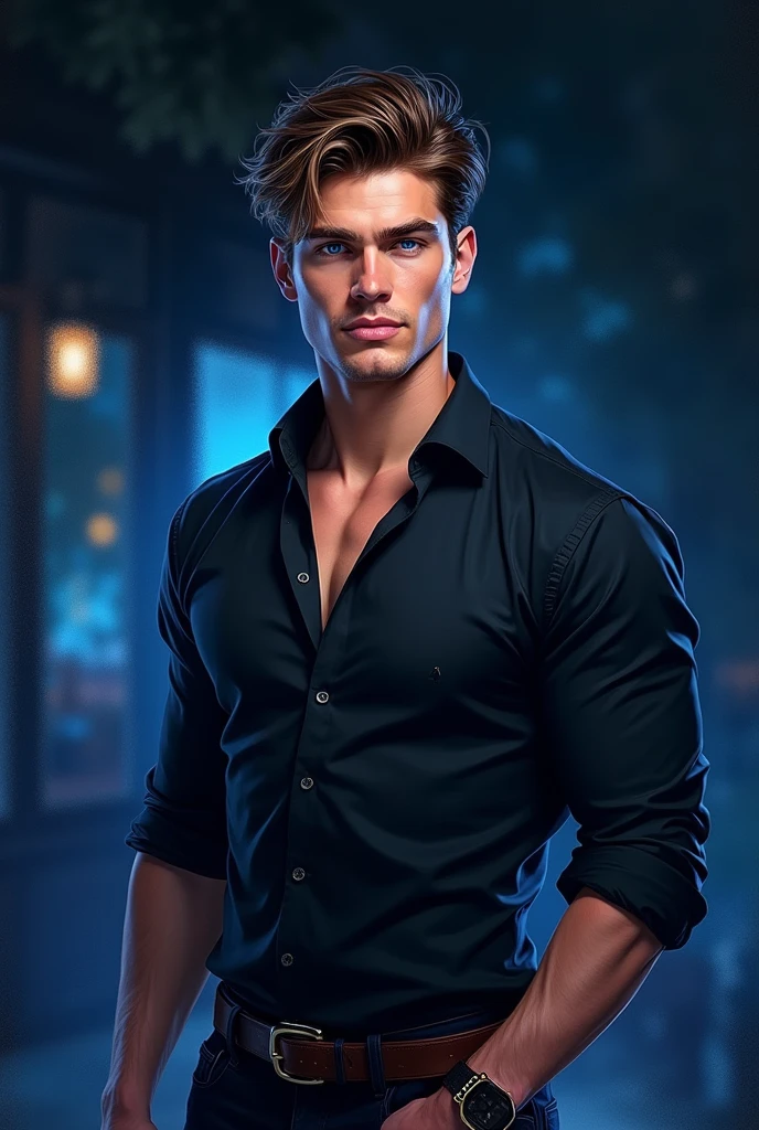 Realistic drawing of an extremely handsome 1 young man, fit, of Brown hair,  very blue eyes, dressed in a black dress shirt, smiling, night phosphorescent black light 