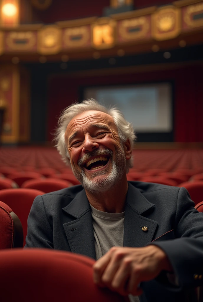 A man in his forties laughing while inside a theater written with the number 700K, real as in real life