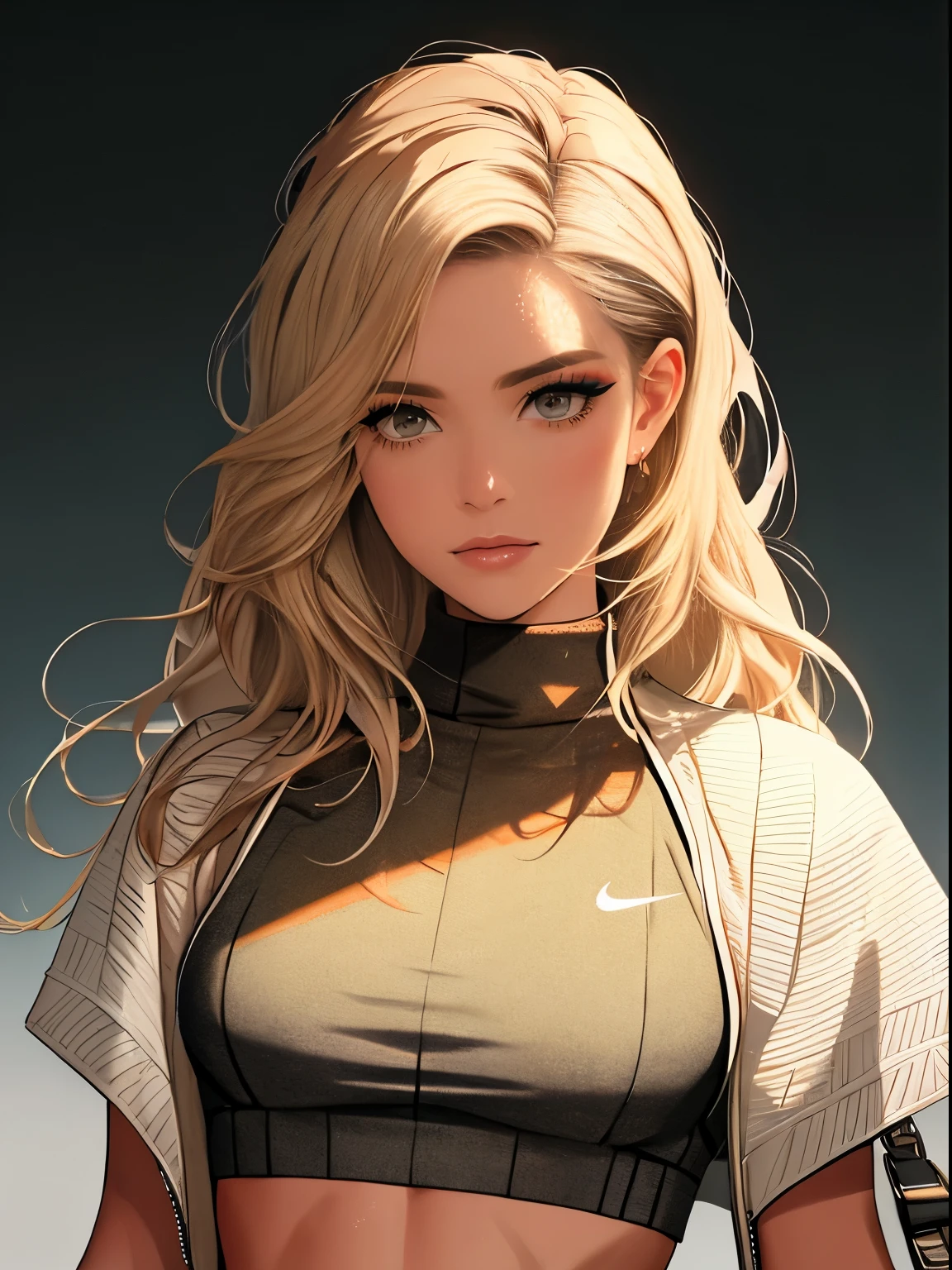 A portrait of a blonde, (makeup:1.4), amazing body, (fit body:1.2), ((winter outfit)), ((black top)) highly detailed, natural skin texture, 4k textures, detailed belly, Highly detailed perfect smooth skin, Lightroom, Intricate, Ultra-Realistic, Out There, (HDR:1.3), UHD, (Intricate Detail, Hyper-Detailed:1.1), Cinematic, Photoreal, (Dark Shot:1.2), Dramatic, High Contrast, (Warm Color:1.1) , muted colors, master piece, elegant, sharp focus, nike sweatpants