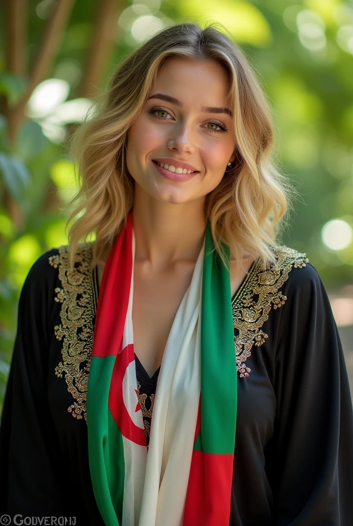 Close up, young, plump, blonde woman, wearing, black Algerian caftan, decorated with gold threads, with colorful scarf in the colors of the Algerian flag white, green and red, green natural background, 