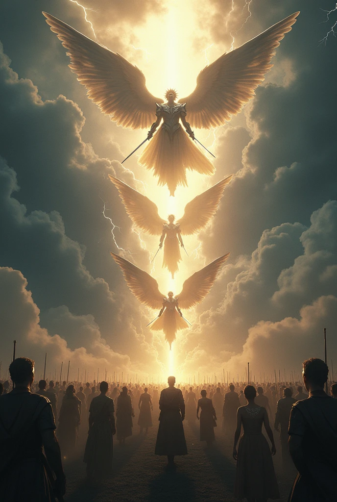 "With the permission of the Almighty, A legion of angels and archangels descends from heaven in the midst of a storm. Lightning and thunder accompany his arrival, as the clouds part to reveal a blinding glow that illuminates the darkness that had covered the country for so long. Angels and Archangels, with their majestic wings and shining armor, descend in formation, Carrying swords of light and expressions of divine determination. below, The people watch in amazement, with faces full of wonder and tears of hope in their eyes, feeling for the first time in years a spark of hope at the arrival of these celestial beings."