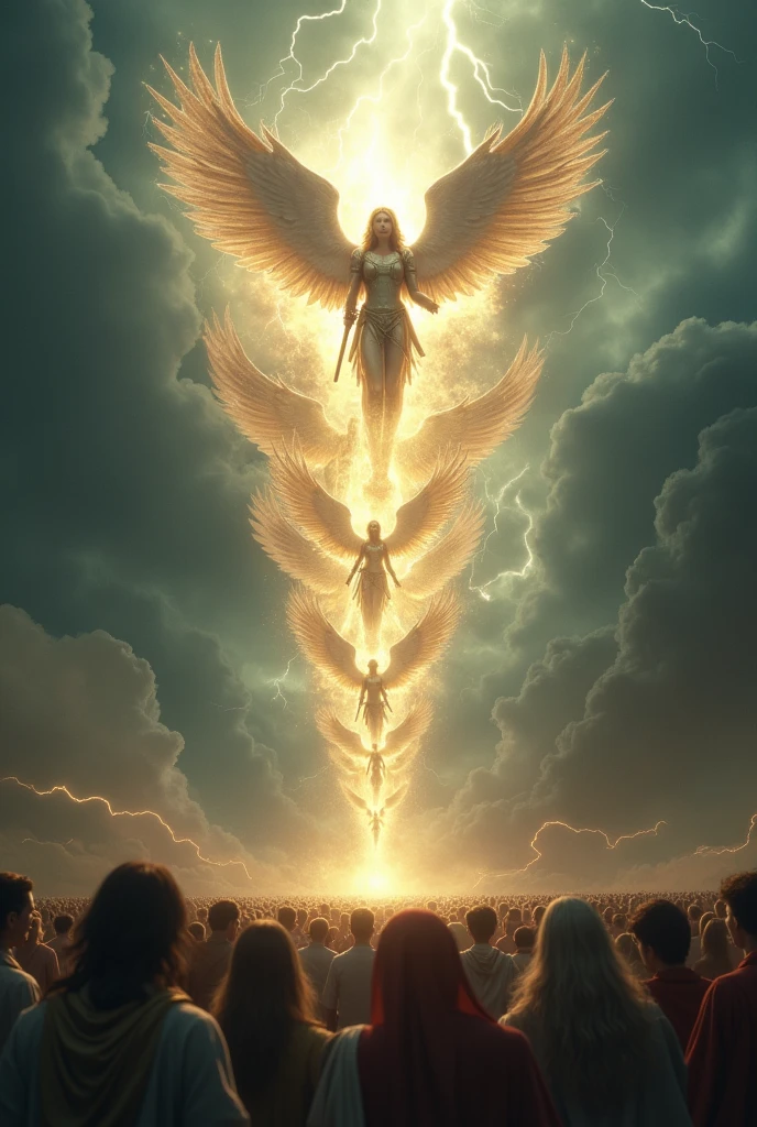 "With the permission of the Almighty, A legion of angels and archangels descends from heaven in the midst of a storm. Lightning and thunder accompany his arrival, as the clouds part to reveal a blinding glow that illuminates the darkness that had covered the country for so long. Angels and Archangels, with their majestic wings and shining armor, descend in formation, Carrying swords of light and expressions of divine determination. below, The people watch in amazement, with faces full of wonder and tears of hope in their eyes, feeling for the first time in years a spark of hope at the arrival of these celestial beings."