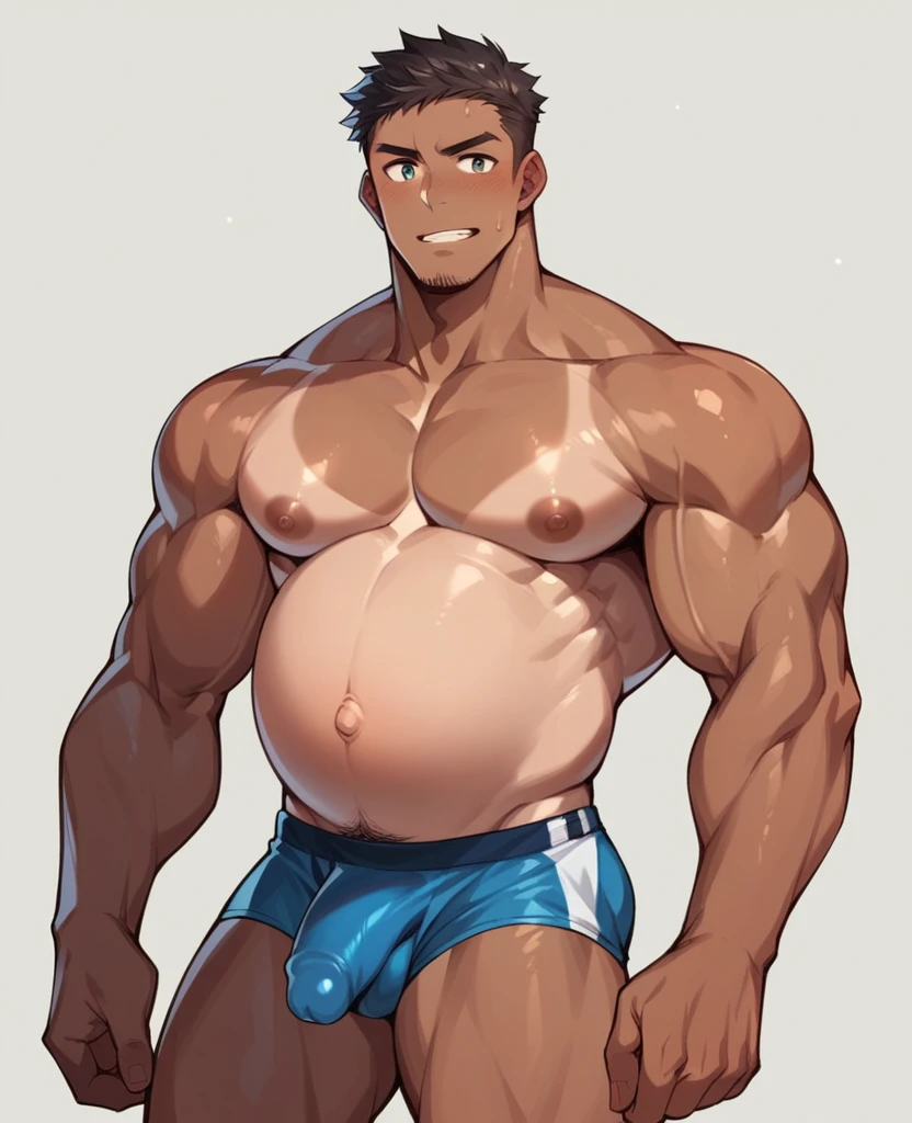 A male college rugby player who is pregnant, tanned, muscular, has a big penis, and has big nipples, and wears a sexy swimsuit