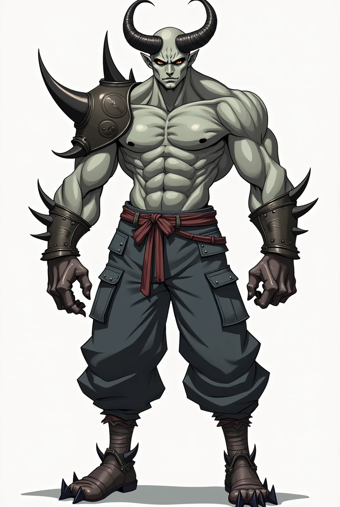 character, humanoid, female, horns all over the body, gray skin, ribbon on one of his shoulders, spikes in their hands, cotton pants with a ribbon at the waist, armor on your torso, athletic body, anime, White background