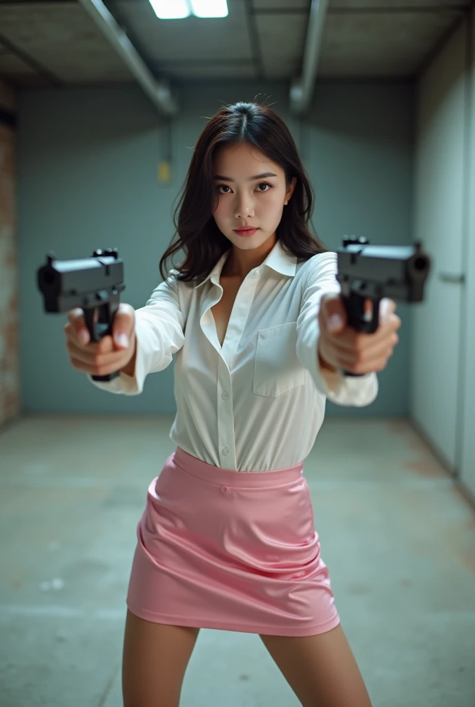camera back view facing real person eyes open realistic beautiful korean office lady white shirt tight mini skirt satin pink colour stance legs open spreading arms straighten full portrait gun sexy legs aiming target practice pointing at you firing indoor shooting range gun range