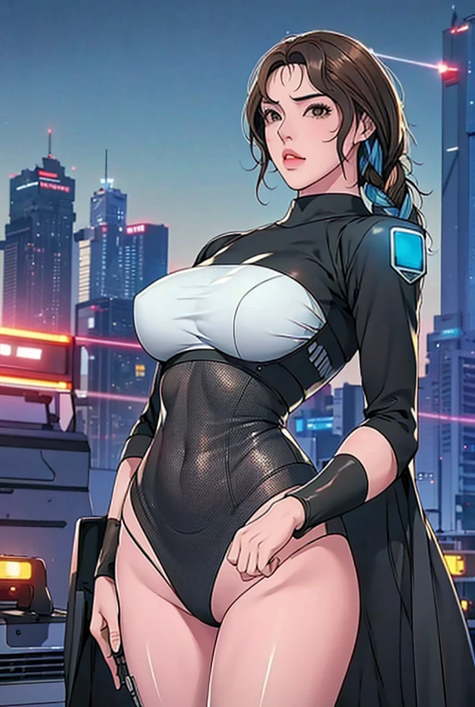  manhwa , (pretty girl, 2, brunette, black eyes) at cyberpunk world dressed as futuristic law enforcer, (full lips) , ((perfect face)), [[mild smile]], proportionate body,mixed herritage, beautyfull, beautyfull face, tanned skin, two arms, two legs, five fingers by hand, (curly black long hair), ( holographic screen floating at air), (night) night skyline, neon, people, (lasergun), futuristic gun, goggles, futuristic police stuff, jacket, badass, [cyborgs], (drone at background), police chopter at background, screens at buildings side, [photo taken from behind], (award winning photo), (instagram influencer photo), (realistic), nikon, canon, Sigma 85mm f/8cel shading, 
