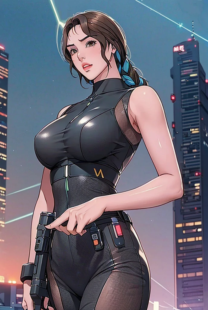  manhwa , (pretty girl, 2, brunette, black eyes) at cyberpunk world dressed as futuristic law enforcer, (full lips) , ((perfect face)), [[mild smile]], proportionate body,mixed herritage, beautyfull, beautyfull face, tanned skin, two arms, two legs, five fingers by hand, (curly black long hair), ( holographic screen floating at air), (night) night skyline, neon, people, (lasergun), futuristic gun, goggles, futuristic police stuff, jacket, badass, [cyborgs], (drone at background), police chopter at background, screens at buildings side, [photo taken from behind], (award winning photo), (instagram influencer photo), (realistic), nikon, canon, Sigma 85mm f/8cel shading, 
