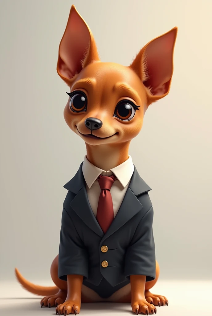 A cute Pincher dog in a designer suit with a seductive caramel-colored smile