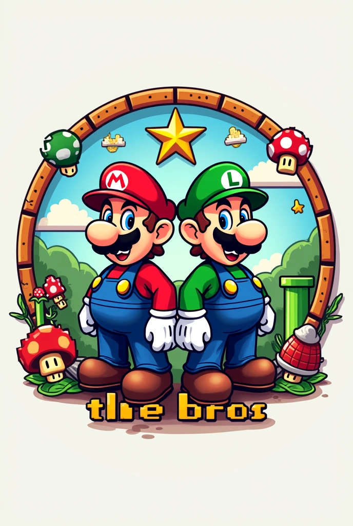 Make a round Mario bros logo that says at the bottom "THE BROS" With the lyrics of Mario